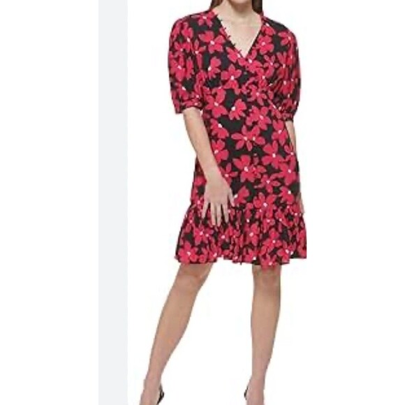 Calvin Klein Dress 12 Black Pink Floral Short Puff Sleeve Ruffle Party Wedding - Picture 1 of 11